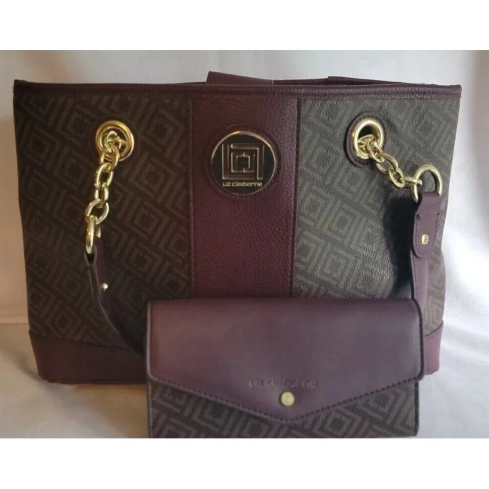 Liz Claiborne Signature Logo Handbag & Wallet Large Burgundy & Brown Purse Tote